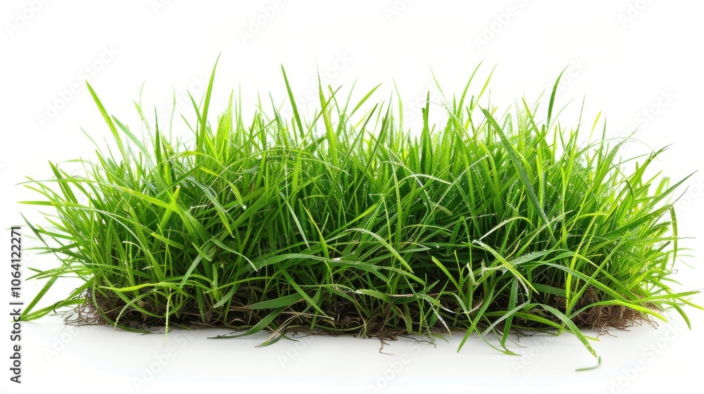 Green grassland, isolated on white, with dew drops on the blades. A fresh and calming nature scene Green grassland, isolated on white, with dew drops on the blades. A fresh and calming nature scene