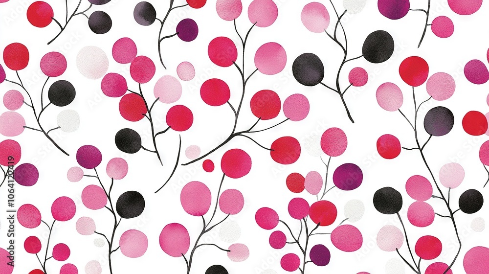 A white background featuring a red, black, and pink circle array atop a tree branch A white background featuring a red, black, and pink circle array atop a tree branch