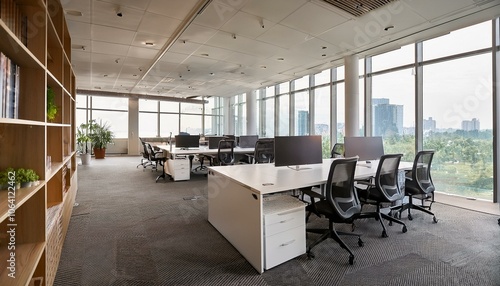 Light office interior with conference and coworking rooms, panoramic window