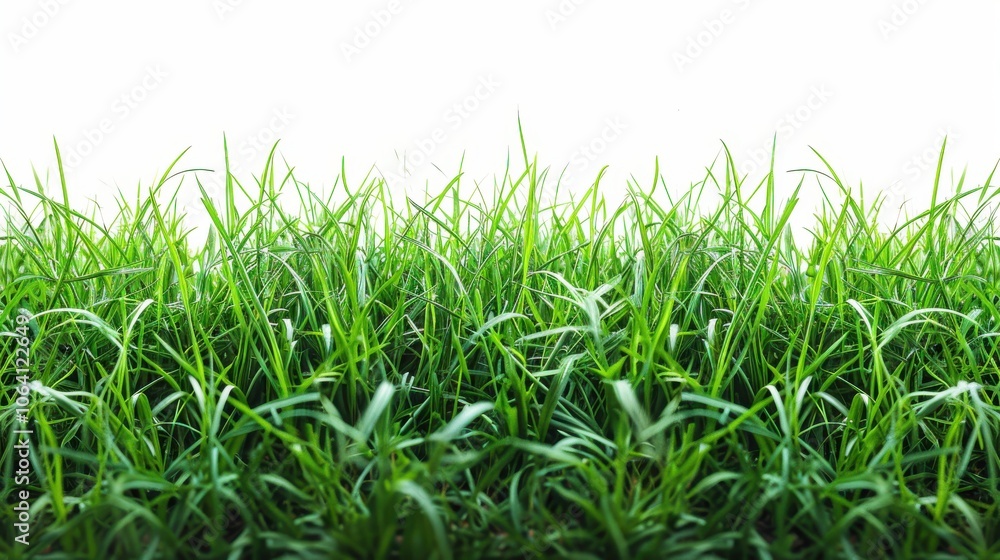 Fototapeta premium Green grassland, isolated on white, with dew drops on the blades. A fresh and calming nature scene