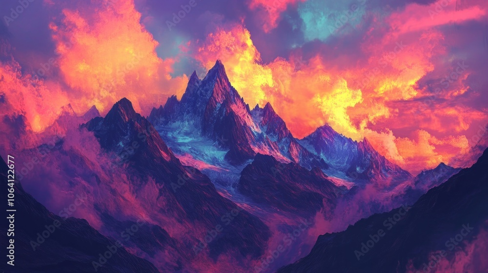 Obraz premium A majestic mountain range stands tall against a vibrant sunset sky. The peaks are snow-capped and the clouds are a mix of fiery orange, pink, and purple hues.