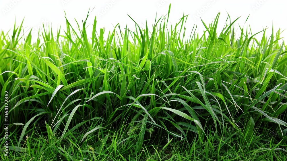 Fototapeta premium Green grassland, isolated on white, with dew drops on the blades. A fresh and calming nature scene