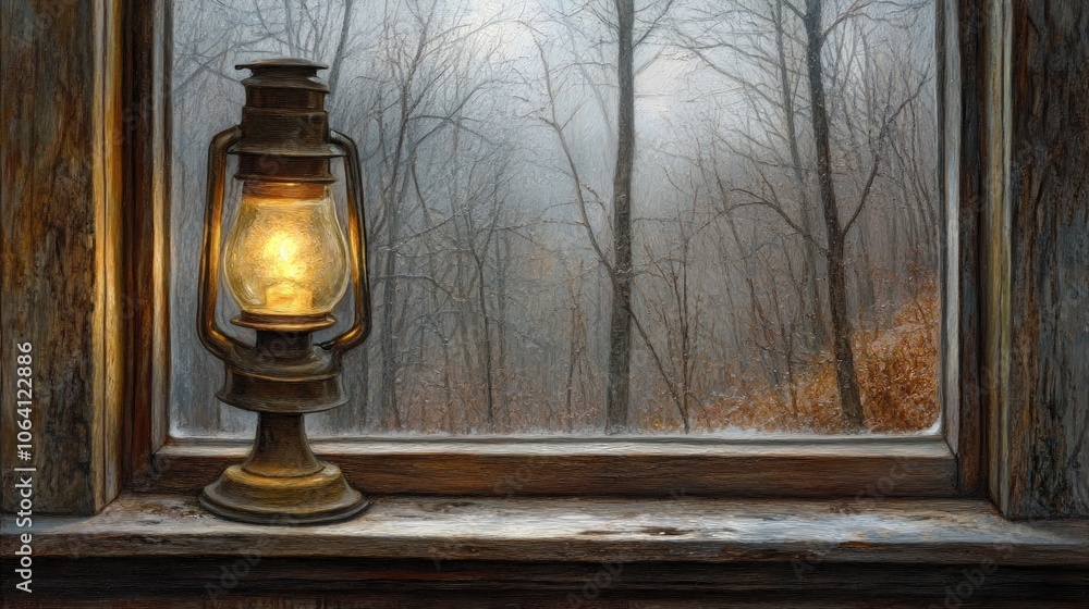 Cozy Romantic View with Oil Lamp by the Window Cozy Romantic View with Oil Lamp by the Window