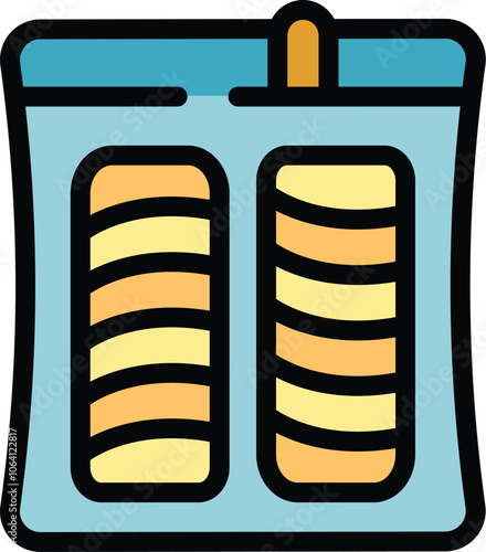 Simple colorful vector icon of a plastic clamshell container holding two delicious glazed long john donuts
