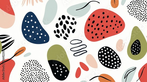  A white background with varying-sized black, red, and green dots and shapes