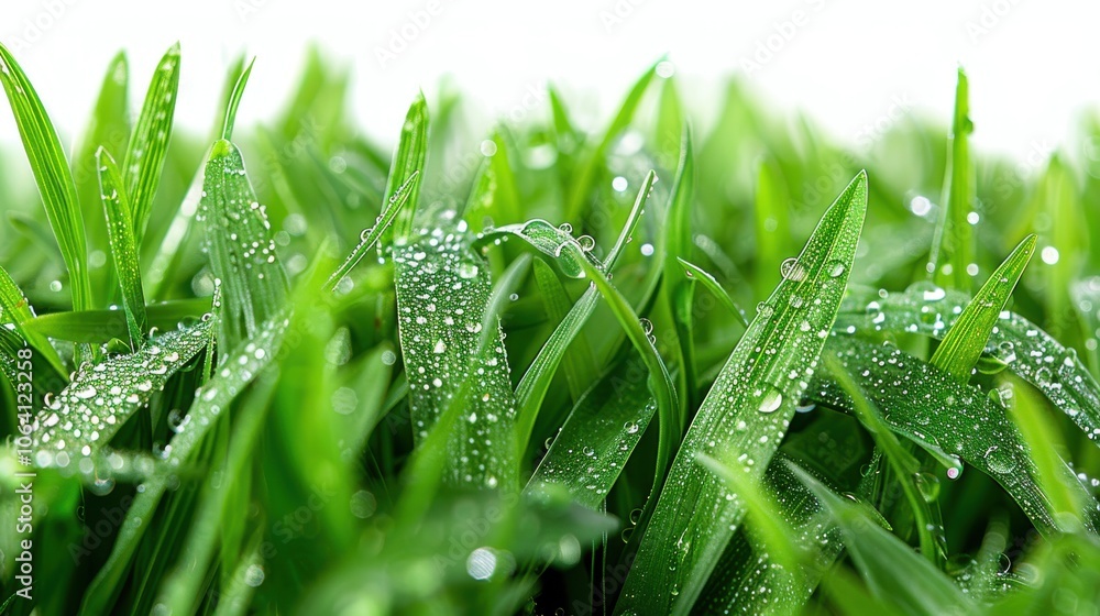 Green grassland, isolated on white, with dew drops on the blades. A fresh and calming nature scene Green grassland, isolated on white, with dew drops on the blades. A fresh and calming nature scene