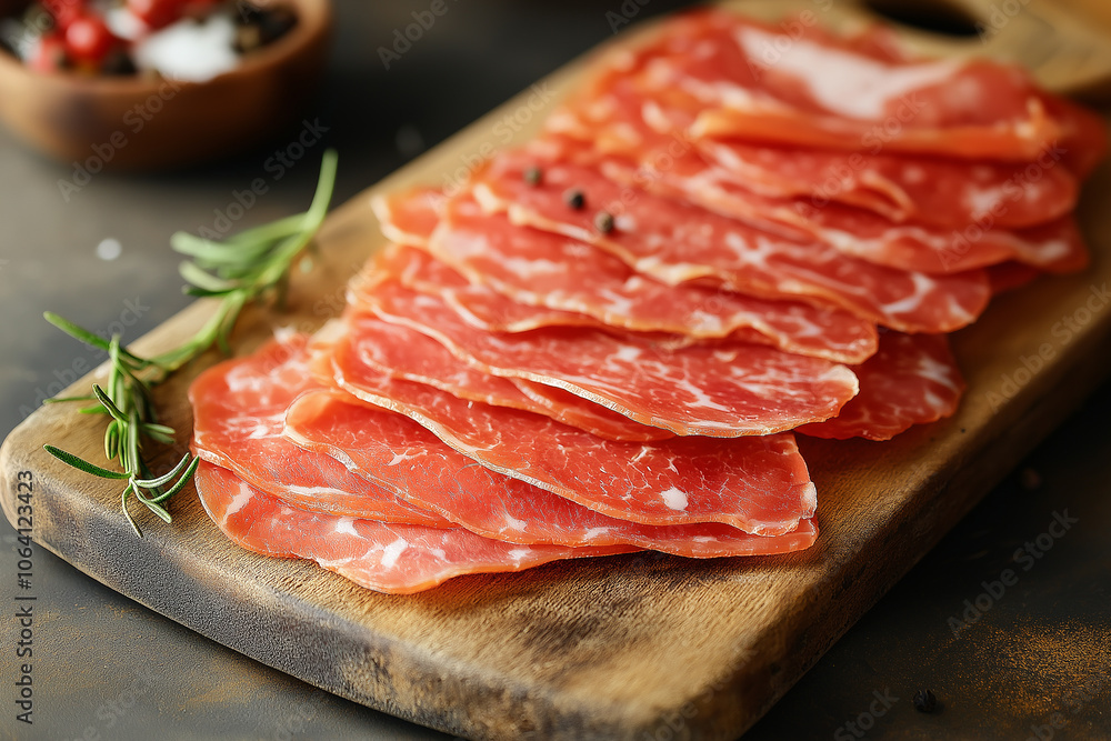 Freshly sliced cured meat artfully arranged on a rustic wooden board with herbs and spices beside it Generative AI Freshly sliced cured meat artfully arranged on a rustic wooden board with herbs and spices beside it Generative AI