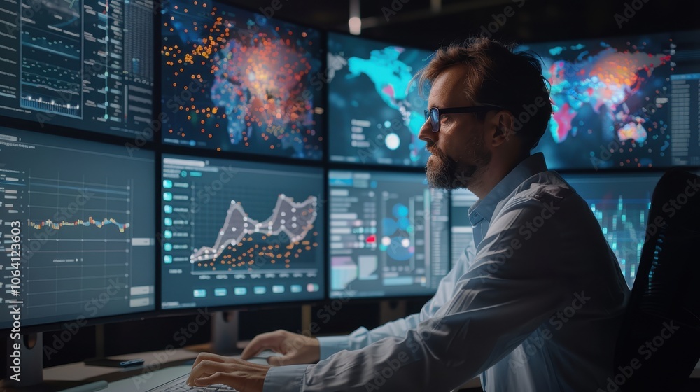 Obraz premium Group of data analysts examining a dataset, with graphs and charts on monitors