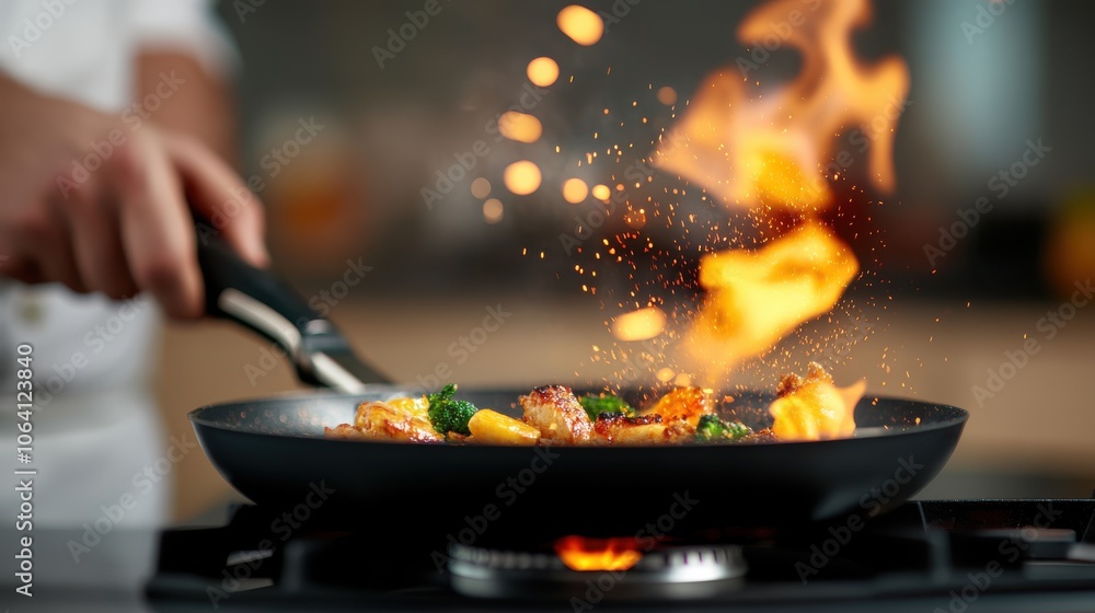A chef uses a skillet to flambé a colorful dish, mixing vegetables and flames for an inspiring culinary creation, set in an energetic kitchen ambiance.