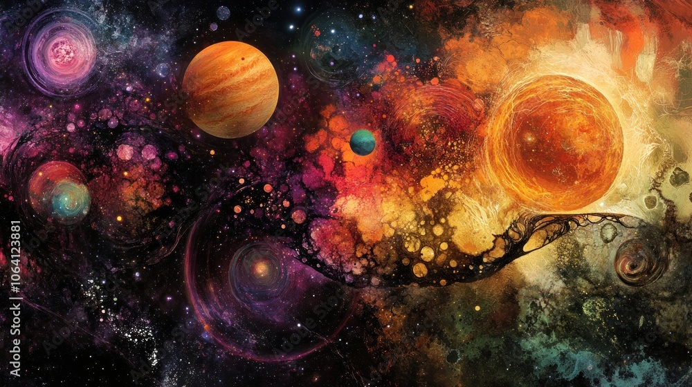 A vibrant, abstract painting depicting a cosmic scene with planets, stars, and nebulae. A vibrant, abstract painting depicting a cosmic scene with planets, stars, and nebulae.