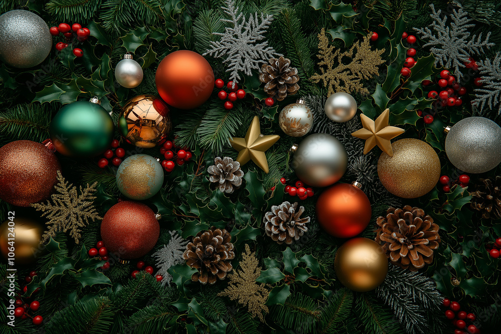 A vibrant holiday arrangement of ornaments, pinecones, and greenery adorned with festive decorations Generative AI A vibrant holiday arrangement of ornaments, pinecones, and greenery adorned with festive decorations Generative AI
