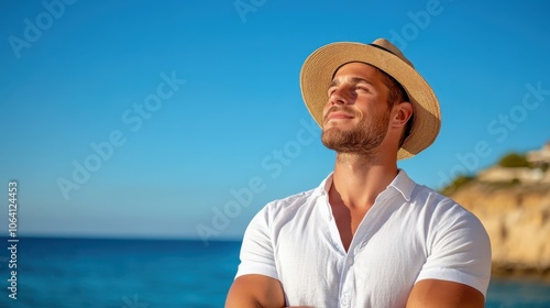 A serene scene of a muscular man in a white shirt and straw hat standing confidently with crossed arms, gazing peacefully at the azure ocean under a clear sky.