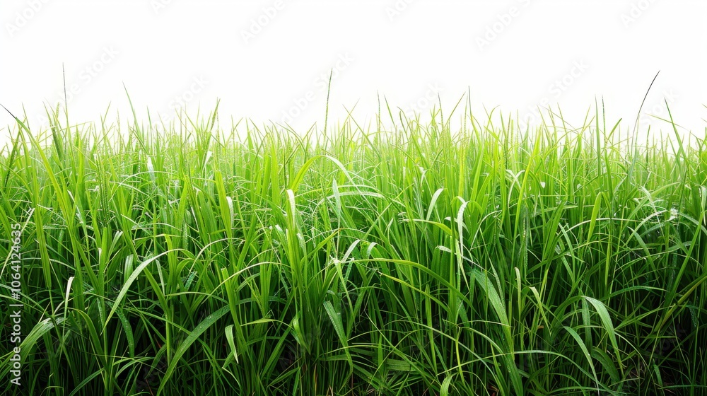 Green grassland, isolated on white, with dew drops on the blades. A fresh and calming nature scene Green grassland, isolated on white, with dew drops on the blades. A fresh and calming nature scene