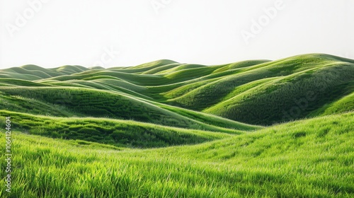 Green grassland, isolated on white, with dew drops on the blades. A fresh and calming nature scene