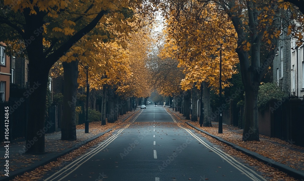 A tranquil city road stretches forward, flanked by trees adorned in vibrant golden leaves, showcasing the beauty of autumn in a peaceful urban setting A tranquil city road stretches forward, flanked by trees adorned in vibrant golden leaves, showcasing the beauty of autumn in a peaceful urban setting