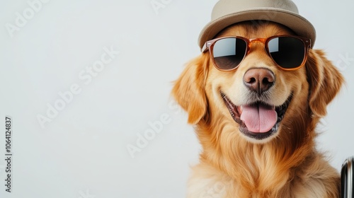 A joyful golden retriever wearing a cap and sunglasses, set against a white background. Perfect fit for lifestyle imagery celebrating pets and leisure. photo