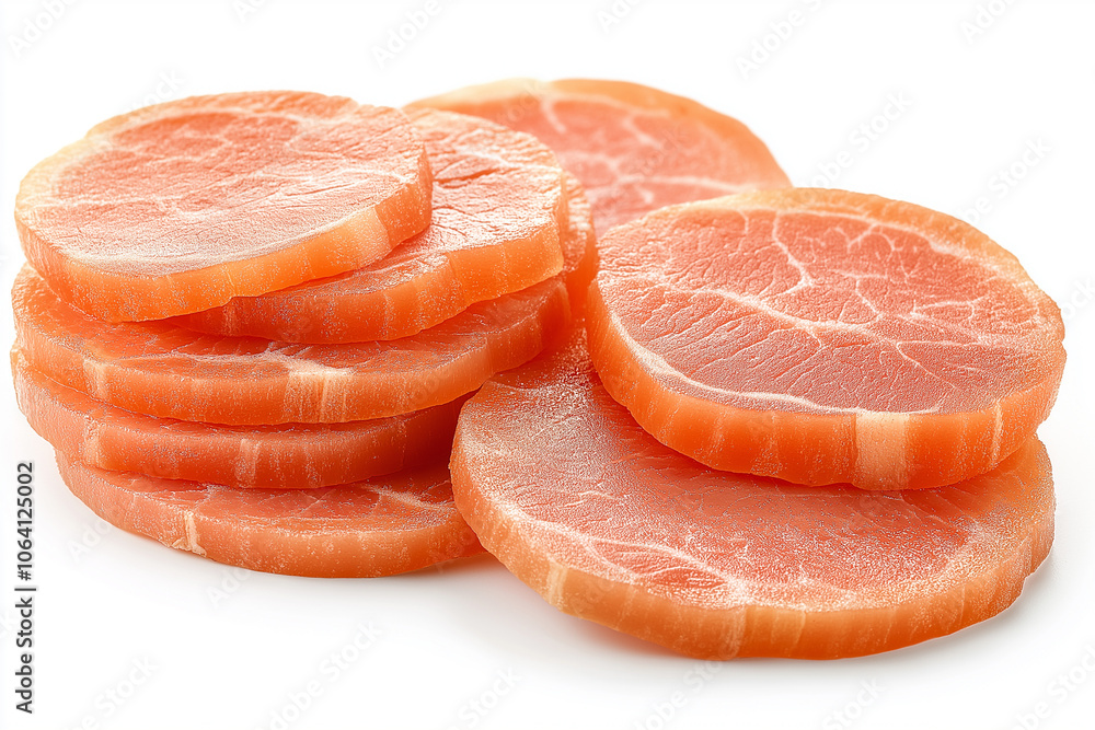 Freshly sliced pink meat stacked beautifully on a clean white surface ready for gourmet cooking or plating Generative AI Freshly sliced pink meat stacked beautifully on a clean white surface ready for gourmet cooking or plating Generative AI