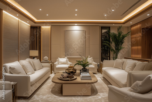 Elegant and Natural Modern Living Room: Luxurious Interior Photography Showcasing Contemporary Design with Organic Accents