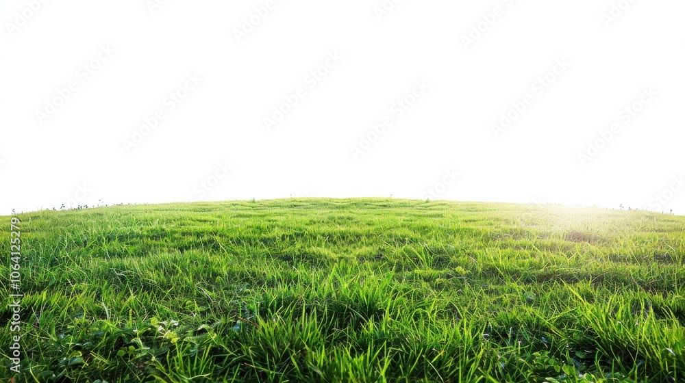 Fototapeta premium Green grassland, isolated on white, with dew drops on the blades. A fresh and calming nature scene