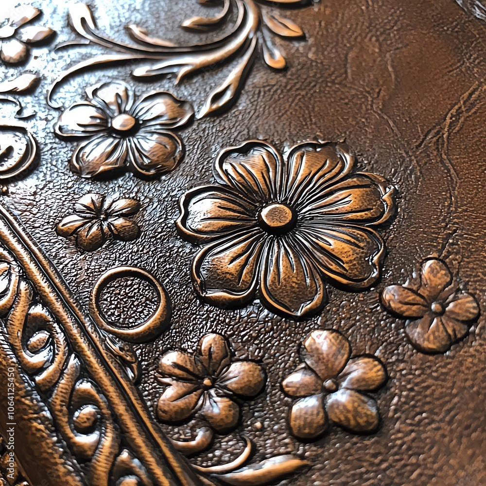 Macro shot of antiqued leather surface, complex Art Nouveau flower carvings, botanical scrollwork, master craftsman detail Macro shot of antiqued leather surface, complex Art Nouveau flower carvings, botanical scrollwork, master craftsman detail