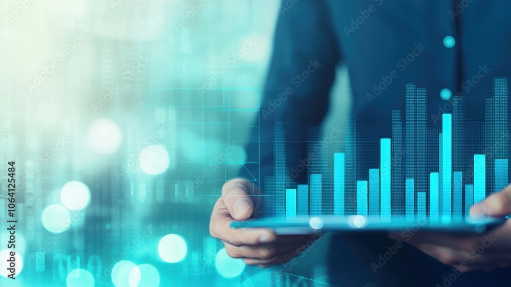 A person holding a tablet with digital graphs and data visualization displays, illustrating concepts of analytics and business intelligence. A person holding a tablet with digital graphs and data visualization displays, illustrating concepts of analytics and business intelligence.