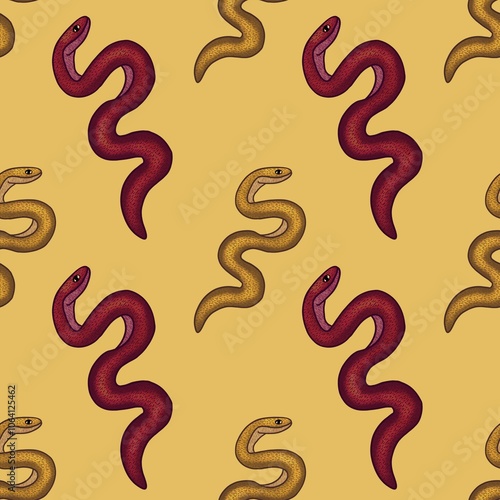 Red and Yellow Snake with Yellow Background Seamless Pattern Design