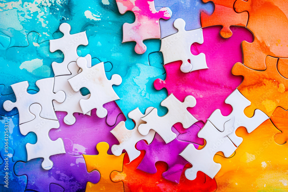 White Jigsaw Puzzle Pieces, Vibrant Multicolor Background, Problem Solving, Solution Concept White Jigsaw Puzzle Pieces, Vibrant Multicolor Background, Problem Solving, Solution Concept