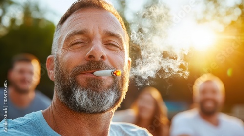 A bearded man is smiling as he enjoys a cigarette outdoors with sunlight illuminating his face, creating a relaxed and mellow vibe. Social gathering atmosphere present. photo