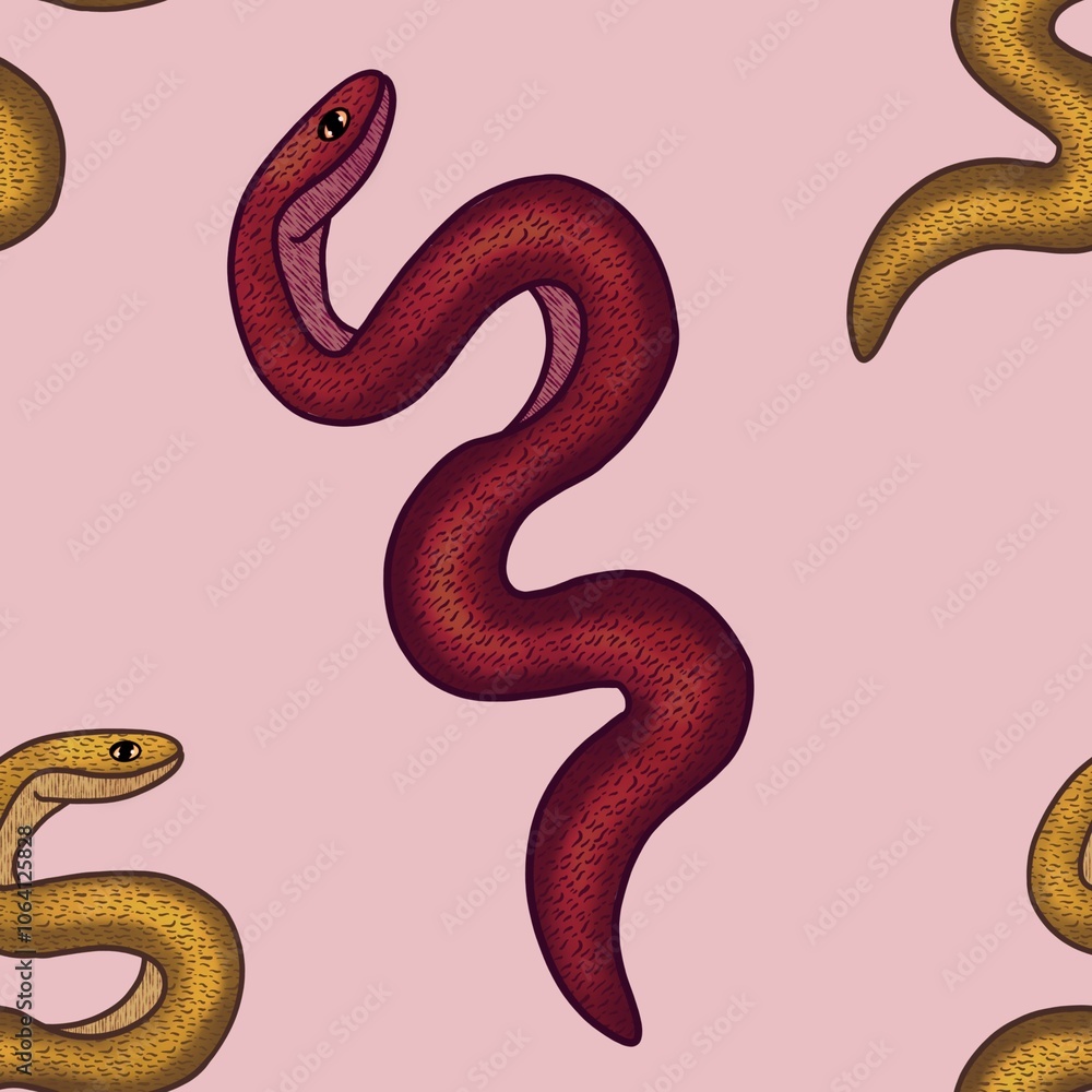 Big Red and Yellow Snake with Pink Background Seamless Pattern Design Big Red and Yellow Snake with Pink Background Seamless Pattern Design
