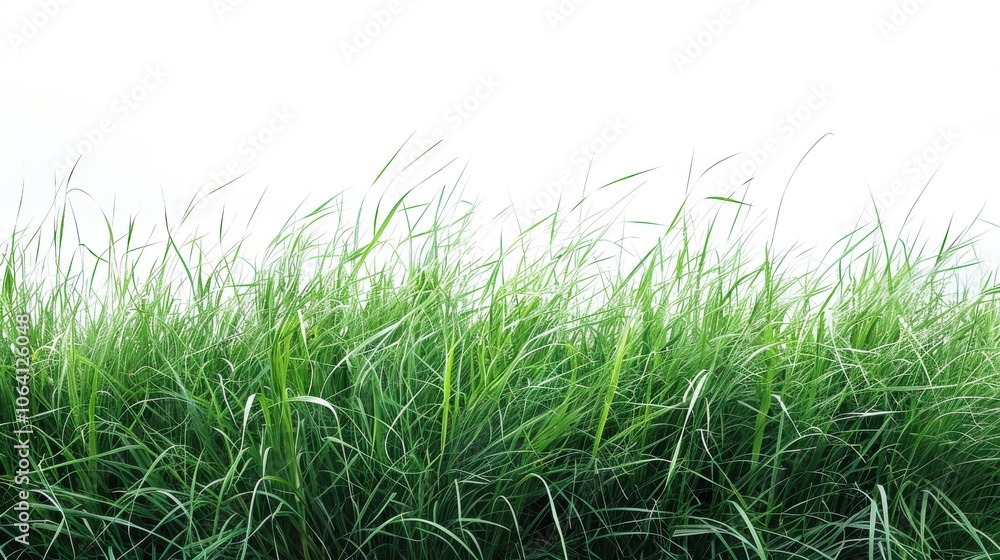 Green grassland, isolated on white, with dew drops on the blades. A fresh and calming nature scene Green grassland, isolated on white, with dew drops on the blades. A fresh and calming nature scene
