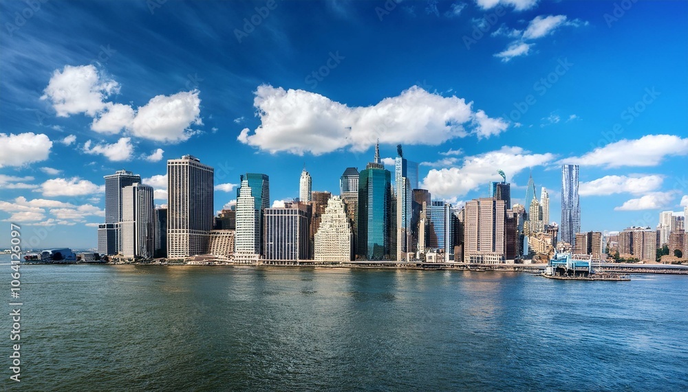 Fototapeta premium New York City skyline with skyscrapers and waterfront under a blue sky with clouds.