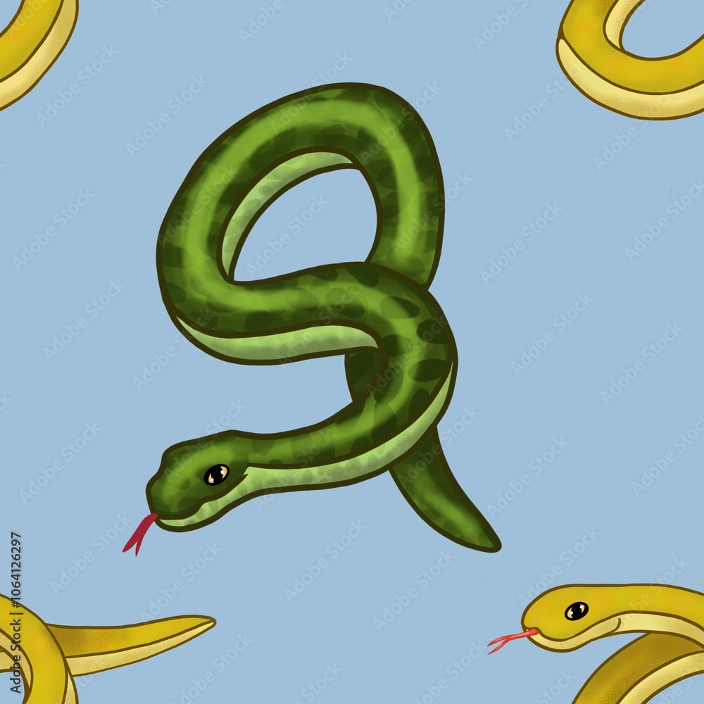 Naklejka premium Big Yellow and Green Snake with Blue Background Seamless Pattern Design