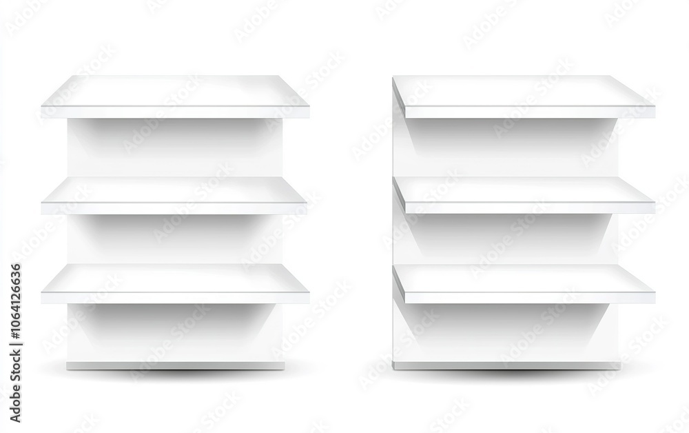 Modern white shelving units for home or office organization with four spacious shelves each Modern white shelving units for home or office organization with four spacious shelves each