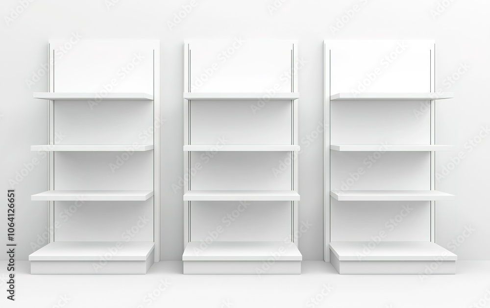 Minimalist white shelving units arranged in a row against a blank wall, ideal for displaying items in a clean, modern space Minimalist white shelving units arranged in a row against a blank wall, ideal for displaying items in a clean, modern space
