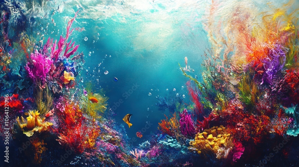 Fototapeta premium Vibrant underwater scene with colorful coral reefs and fish.