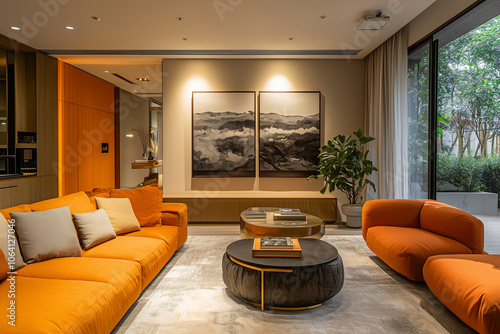 Elegant and Natural Modern Living Room: Luxurious Interior Photography Showcasing Contemporary Design with Organic Accents