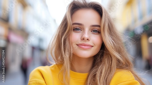 Wallpaper Mural A cheerful young woman wearing a yellow sweater stands on a bustling city street with her brown hair cascading down, exuding a positive and lively energy. Torontodigital.ca