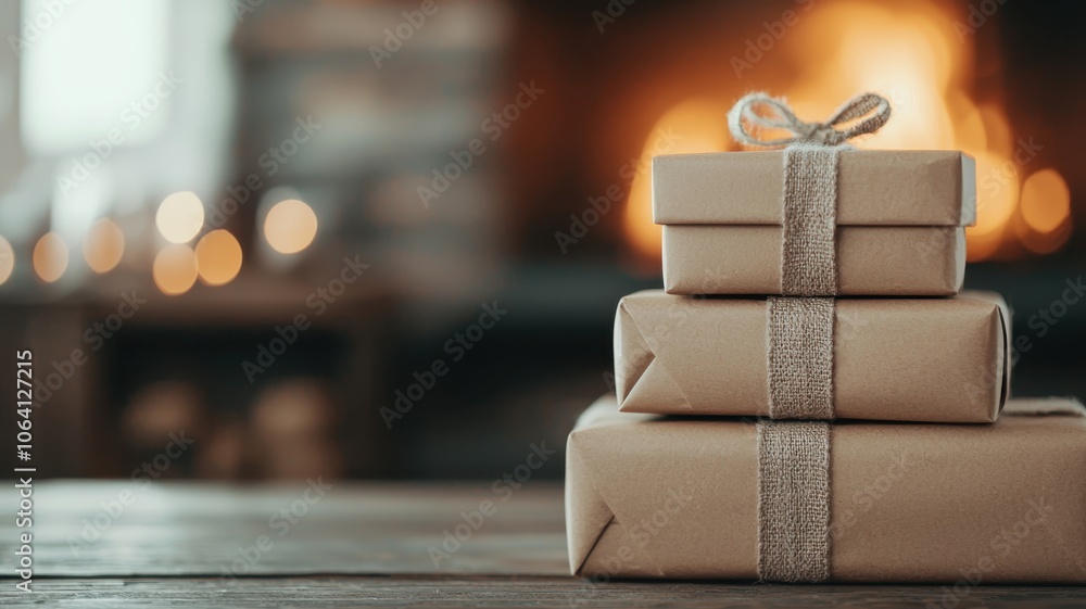 A cozy scene featuring neatly wrapped presents stacked beside a glowing fireplace, evoking warmth and festive cheer. A cozy scene featuring neatly wrapped presents stacked beside a glowing fireplace, evoking warmth and festive cheer.