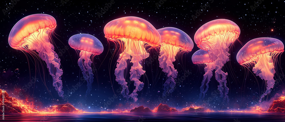 Illustration vectorielle de méduse bioluminescente dans les profondeurs marines Illustration vectorielle de méduse bioluminescente dans les profondeurs marines