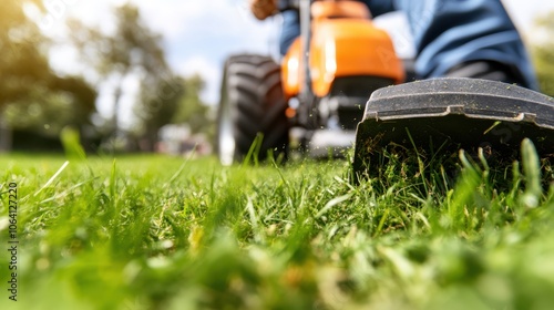 A close-up shot captures a lawn mower in action, slicing through the lush green grass seamlessly, under the bright sunlight of a beautiful day, signifying summer upkeep.