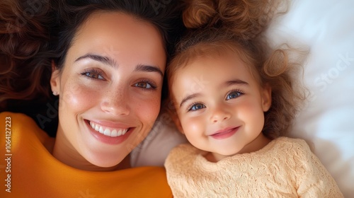 A tender image of a mother and her toddler lying together, both smiling happily, showcasing warmth, love, and a close familial connection in a cozy setting. photo