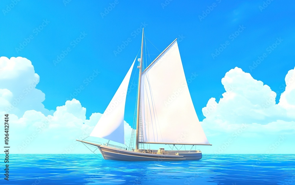 Fototapeta premium A classic sailing boat gliding through calm blue waters under a bright sky with fluffy clouds