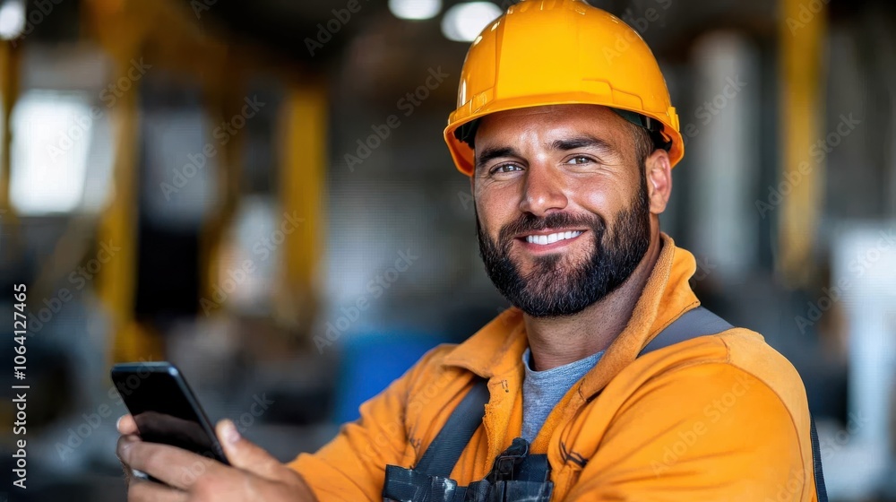 A smiling builder dressed in bright orange safety attire and hard hat holds his smartphone inside a construction site, with positivity radiating through his expression. A smiling builder dressed in bright orange safety attire and hard hat holds his smartphone inside a construction site, with positivity radiating through his expression.