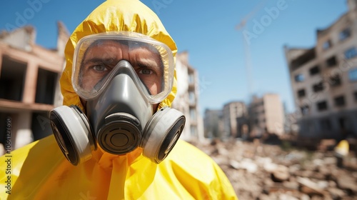 A man in a yellow hazmat suit and gas mask stands in urban ruins, showcasing themes of urban decay and the necessity for personal safety equipment. photo