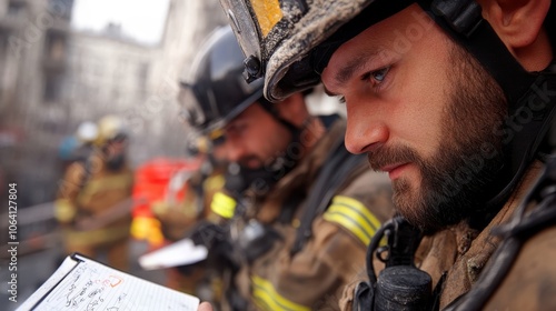 A firefighter intently examines field notes amidst a busy scene of smoke and action, showcasing precision, dedication, and bravery in firefighting operations. photo