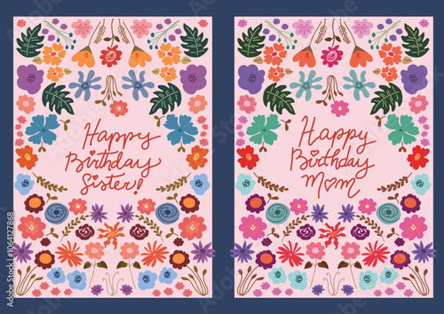 Greeting card for mom and sister, pink colors, flowers soft pastel colors, lettering style text