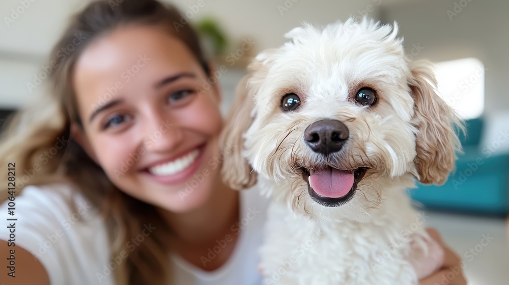 A friendly young woman takes a cheerful selfie with her cute, fluffy dog, both displaying wide smiles in a bright room, showcasing their happy companionship. A friendly young woman takes a cheerful selfie with her cute, fluffy dog, both displaying wide smiles in a bright room, showcasing their happy companionship.