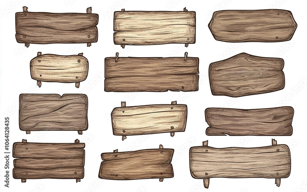 Various wooden signboard designs in different shapes and colors against a white background for decorative purposes Various wooden signboard designs in different shapes and colors against a white background for decorative purposes