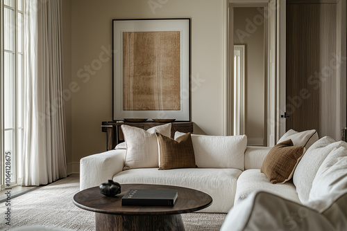 Elegant and Natural Modern Living Room: Luxurious Interior Photography Showcasing Contemporary Design with Organic Accents