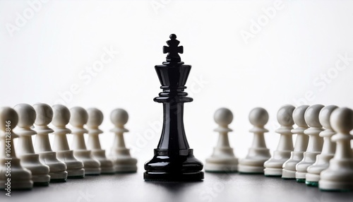 Black chess king standing ahead of white pawns on white background. Strategy and competition concept. Generative AI